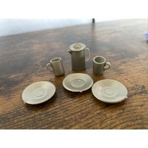 Vintage Miniature Plastic Dollhouse Coffee Pot Cups Dishes Lot 6 Pieces